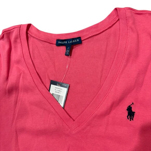 Polo Ralph Lauren Classic V-Neck T-Shirt – Pink with Navy Pony - Picture 3 of 5